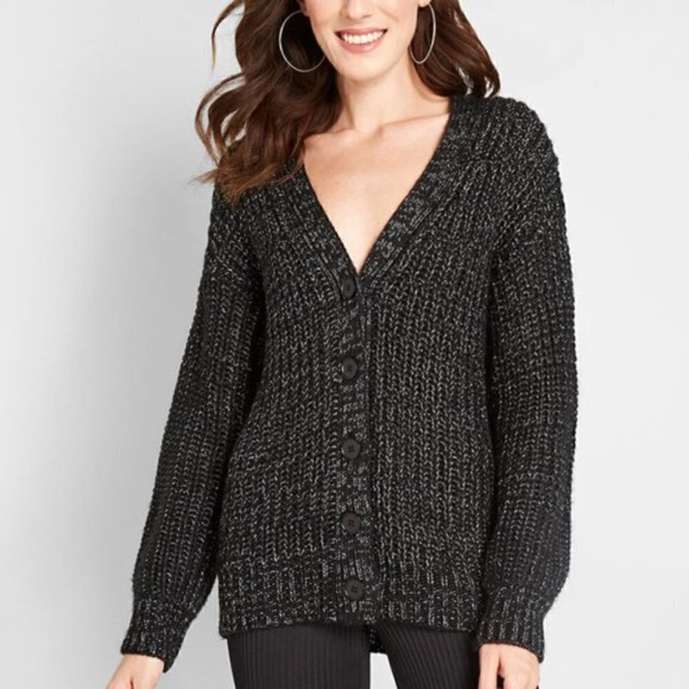 Modcloth Women's Size XXS Warming Signs Knit Cardigan Black Metallic Sparkle